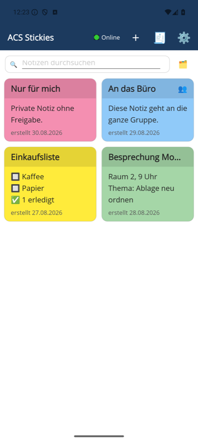 ACS Stickies auf einem Android-Telefon: Kachelraster mit farbigen Notizen.