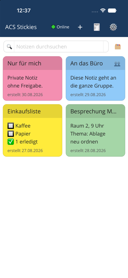ACS Stickies auf dem iPhone: Kachelraster mit farbigen Notizen.