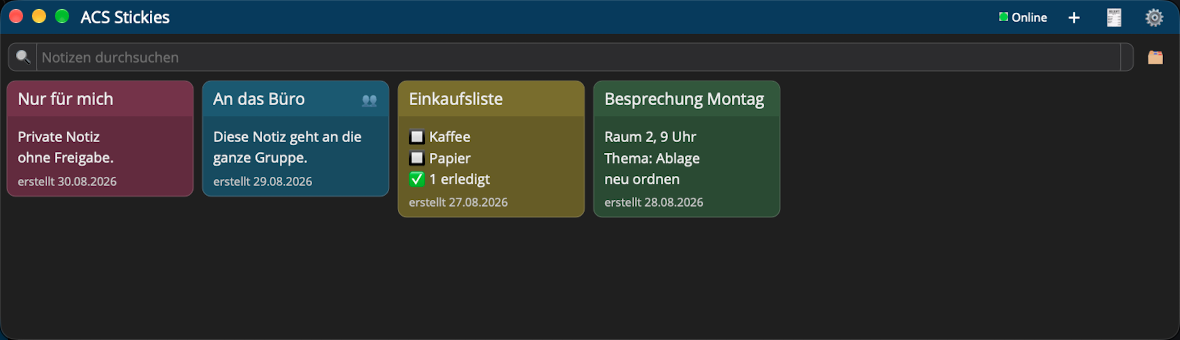 ACS Stickies auf dem Mac: Kachelraster mit vier farbigen Notizen, Titelleiste mit Online-Anzeige.