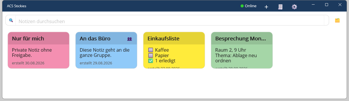 ACS Stickies unter Windows 11: Kachelraster mit vier farbigen Notizen.